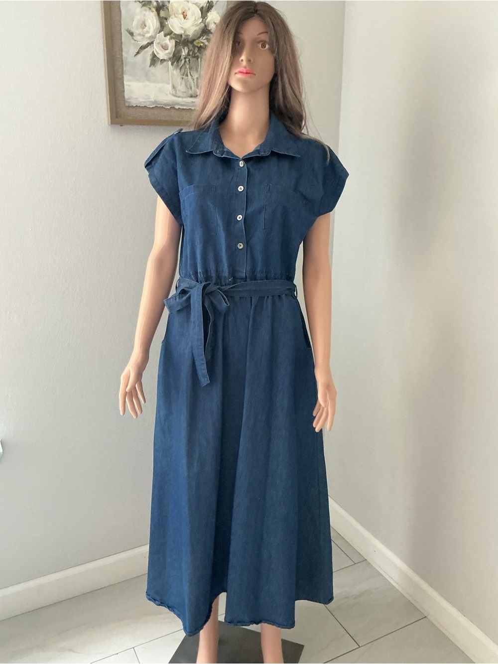 Falling Flower Button-Front Navy Maxi Shirt Dress with Tie Waist